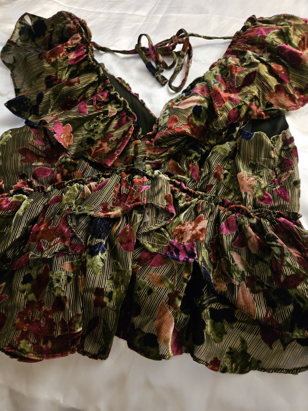 Floral Ruffled V-Neck Women’s Top in Olive Green - Picture 2 of 13